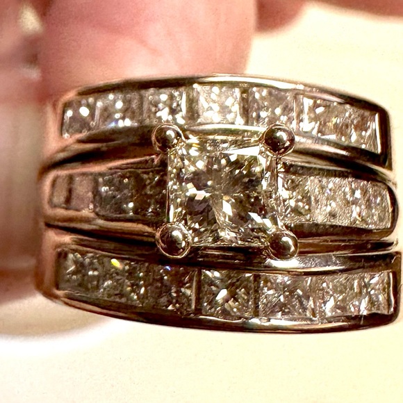 Four carat total weight princess cut 14 karat white gold three ring wedding set. - Picture 4 of 7